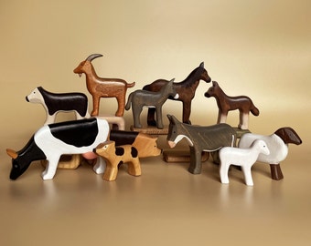 Wooden farm animals (11 pcs) - Wooden Toys  - Wooden cow, pig, sheep, goat, horse and donkey toys- Figurines of domestic animals