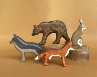 Wooden animals figurines (4pcs) - Wooden Bear Fox Wolf and Hare toys - Birthday gift for kids