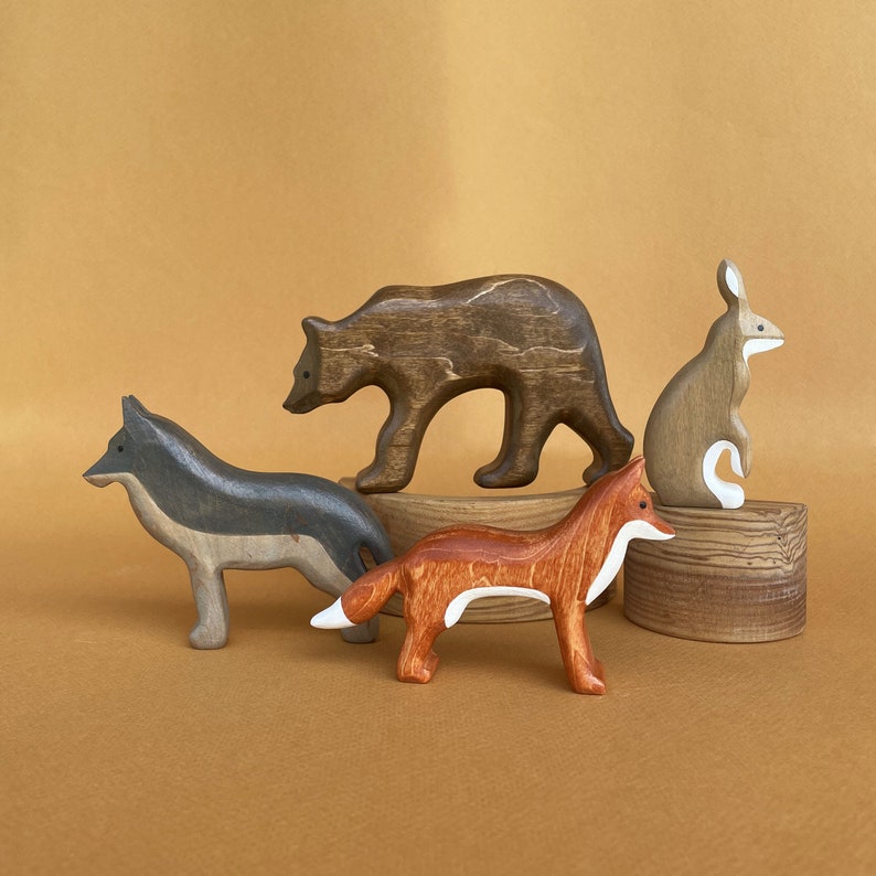 Wooden animals figurines 4pcs Wooden Bear Fox Wolf and Hare toys Birthday gift for kids image 1
