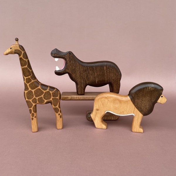 Wooden African animals toy set (3 pcs) - Wooden Hippo, Giraffe & Lion toys - Wooden Safari animal figurine - Waldorf Wooden animal Figurines