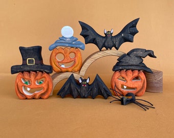 Halloween wooden toys: wood pumpkins (3pcs) , bats (2pcs) and spider - Wooden toys - Halloween pumpkins baby gift