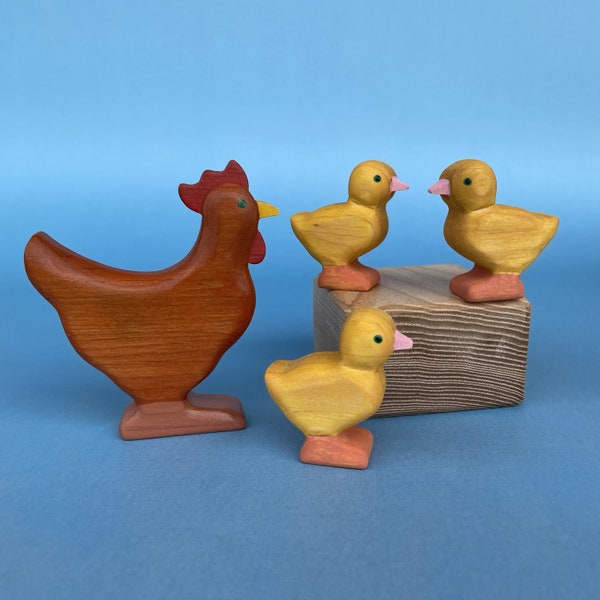 Wooden chicken with chickens ( set 4 pcs) - Handmade Wooden Chicken figurines - Wooden toys Farm set