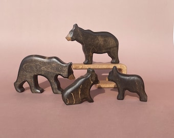 Wooden black bears figurines (4 pcs) - Wooden animals toys- Wooden toys - Wooden bear toy - 3 Year old baby gift