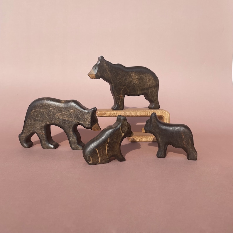 Wooden black bears figurines 4 pcs Wooden animals toys Wooden toys Wooden bear toy 3 Year old baby gift image 1