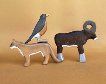 Wooden animal figurines (3 pcs) - Wooden ram figurine - Wooden animal toys - Eco-Friendly Wild Animal Toy for Imaginative Play and Learning