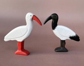 Wooden ibis figurine - Wooden bird figurines | Eco-friendly Toys for Kids | White & Black ibis figurines | Educational Toys for Toddlers