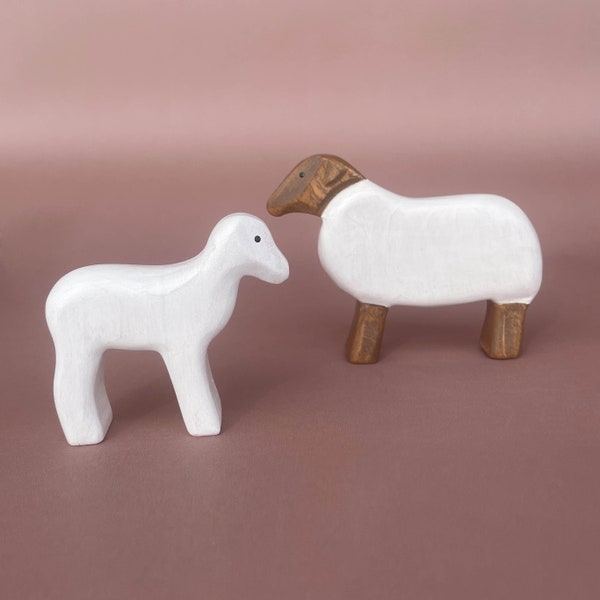 Wooden sheep & lamb toy set (2pcs) | Wooden Farm Animal Toys | Wooden sheep figurine | Handmade Eco-friendly Toys for Kids | Wooden lamb Toy