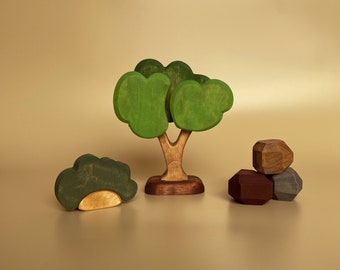 Wooden playset (5 pcs) - Wooden tree, bush and 3 stones - Wooden toys