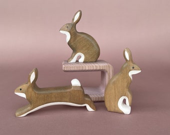 Wooden hare toys (3pcs) - Wooden animal figurines - Wooden Toys - Woodland Animal toys - Bunny Figurine - Wooden bunny toy