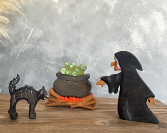 Halloween wooden toys (3 pcs): witch, cauldron, cat - Halloween kids room decor - Halloween baby gift
