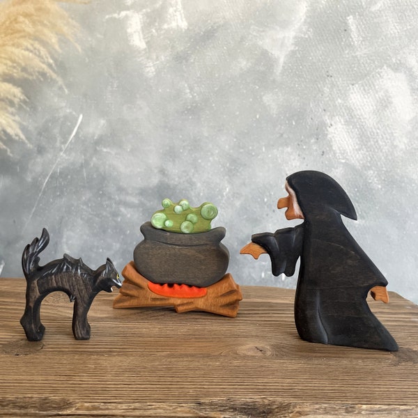 Halloween wooden toys (3 pcs): witch, cauldron, cat - Halloween kids room decor - Halloween baby gift