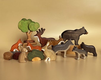 Wooden animal and tree  figurines (15 pcs) - Toy Woodland animals - Wooden tree toy - Wood Deer, Fox, Wolf, hare, Bear toys - Gift for kids
