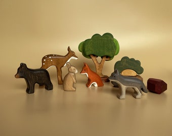 Wooden animal and tree  figurines - Toy Woodland animals - Wooden tree toy - Wood Deer, Fox, Wolf, hare, Bear toys - Gift for kids