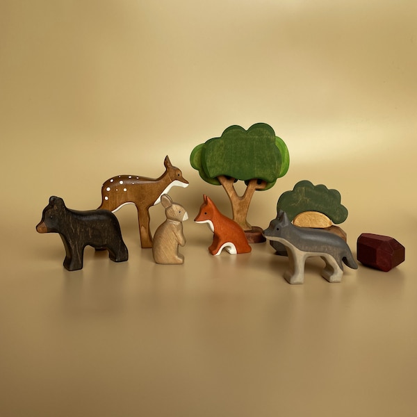 Wooden animal and tree  figurines - Toy Woodland animals - Wooden tree toy - Wood Deer, Fox, Wolf, hare, Bear toys - Gift for kids