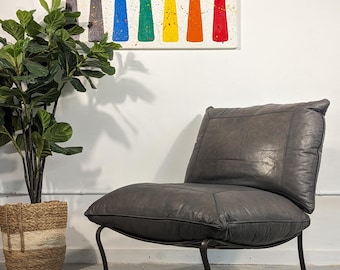 3-Piece Custom Charleston Forge Leather and Wrought Iron Cloud Chairs+Ottoman