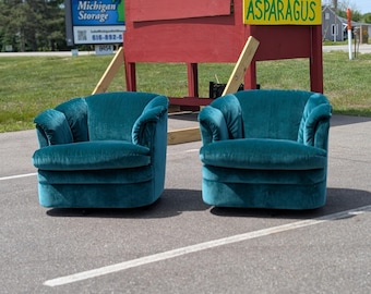 Set of 2 Vintage Teal Velvet Swivel Bucket Chairs by Rowe, circa 70's