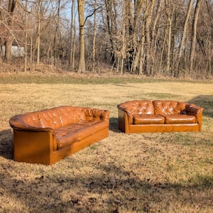 Caramel Brown Tufted Naugahyde Sofa & Loveseat, circa 1970's
