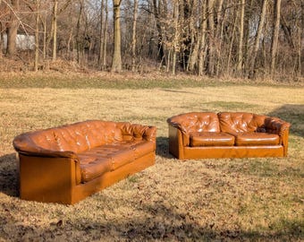 Caramel Brown Tufted Naugahyde Sofa & Loveseat, circa 1970's
