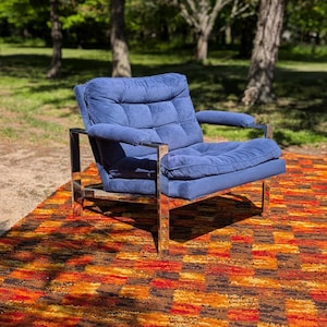 Milo Baughman for Thayer Coggin Tufted Royal Blue Velvet and Chrome Flat Bar Lounge Chair