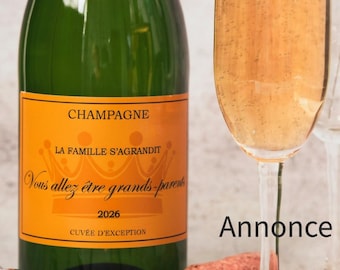 Champagne bottle label announcing pregnancy, You're going to be grandparents, great-grandfather, grandpa, grandma, bottle sticker