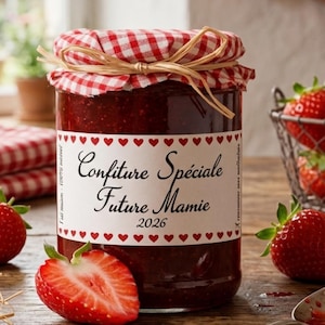 Peut inclure: Un pot de confiture de fraises maison avec un couvercle à carreaux rouges et blancs, étiqueté "Confiture Spéciale Future Mamie 2026." Des fraises fraîches, des feuilles de menthe et un petit panier de fraises sont disposés sur une surface en bois.