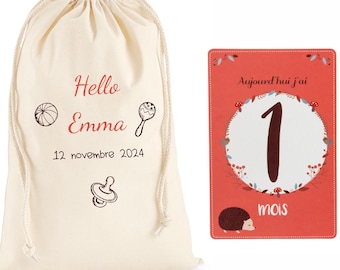 Carte étape bébé avec sac personnalisé - 12 cartes 1 mois à 1 an - 1ère année bébé - cadeau naissance - mois anniversaire bébé - cadeau bébé