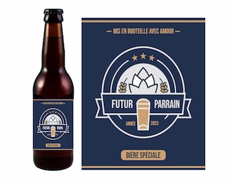 May include: A brown beer bottle with a black cap and a blue label. The label features the text "FUTUR PAPA" and "BIERE SPECIALE" in white, along with a beer glass graphic. The label also includes the year 2023.