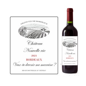 Vuoi diventare la mia madrina? Etichetta della bottiglia di vino che annuncia la gravidanza, richiesta della madrina. Disponibile per padrino, nonno, zio, zia, nonna