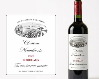 Wine bottle label - announcement of future pregnancy for Grandma - Available for grandpa, grandparents, uncle, aunt, godfather, godmother.