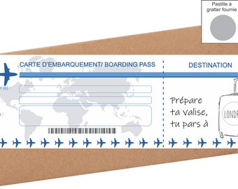 Carte à Gratter Annonce Voyage Surprise - Billet d'avion ou train à personnaliser - Cadeau maman - Embarquement - Week-end - Fête mère père