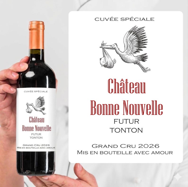 Wine bottle label for pregnancy announcement - future grandpa, uncle, aunt, grandma, grandparents, dad, godfather, the family is growing Tonton
