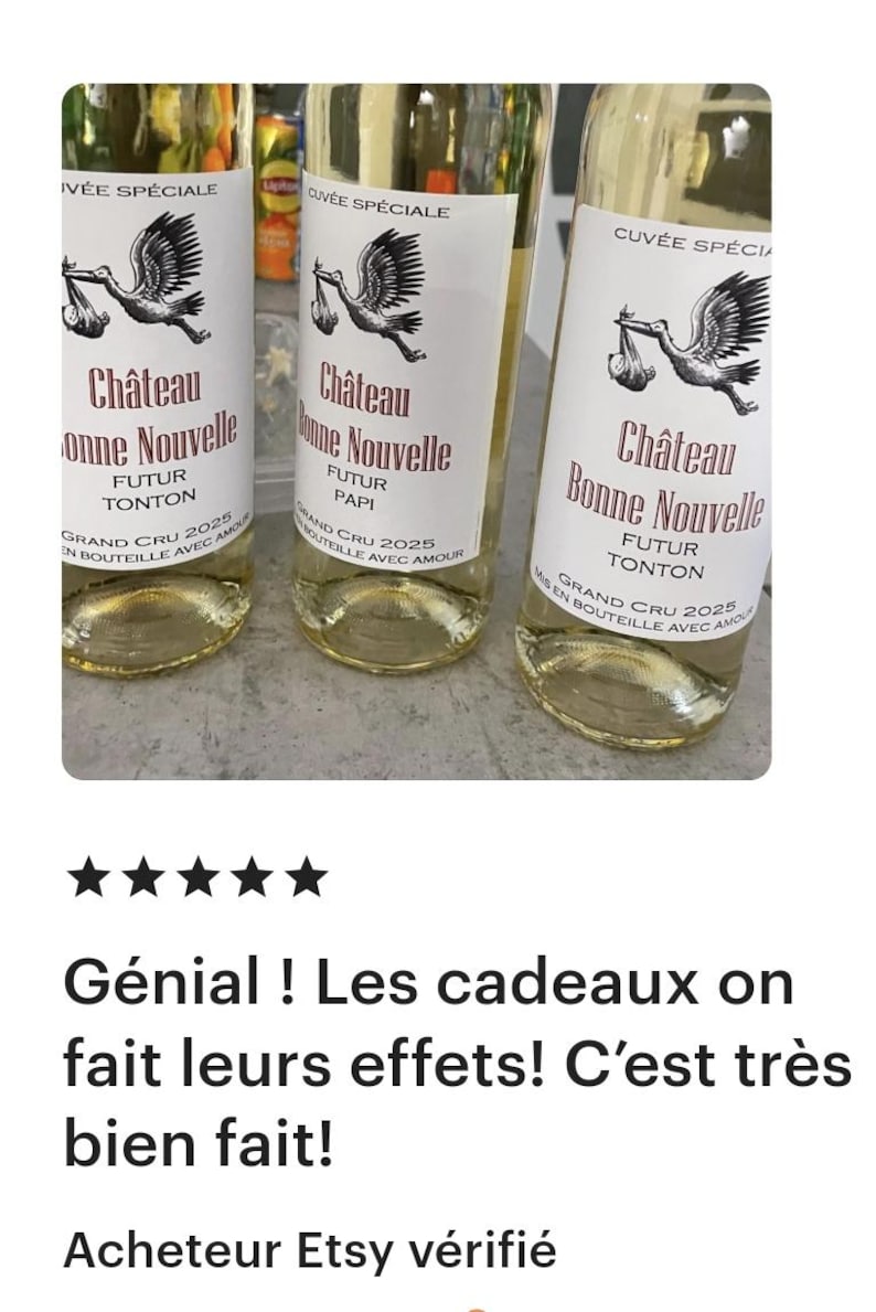 May include: Three bottles of white wine with a stork design and the text "Ch&acirc;teau Bonne Nouvelle" on the label. The bottles are labeled with "Futur Tonton", "Futur Papi", and "Futur Tonton".