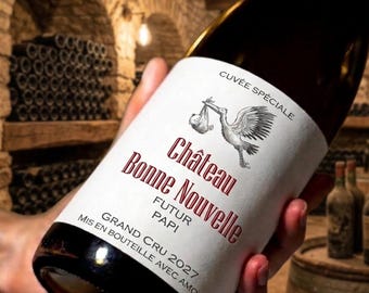 Etiquette bouteille de vin pour annonce grossesse - futur papi, tonton, tata, mamie, grands-parents, papa, parrain, la famille s'agrandit