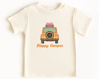 Retro Camping Theme Shirt Groovy Happy Camper Tshirt Cotton Graphic Tee Camper Van Shirt Road Trip T-Shirt Family Vacation Shirt Camping