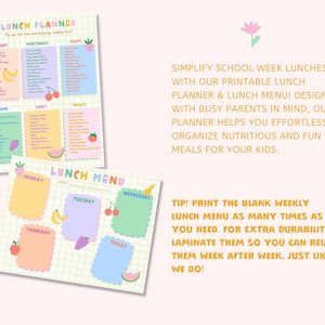 May include: Printable lunch planner and menu with colorful fruit illustrations. The planner includes a list of food options for different categories like proteins, vegetables, fruits, grains, dairy, and treats. The menu has a blank weekly lunch menu with spaces for each day of the week.