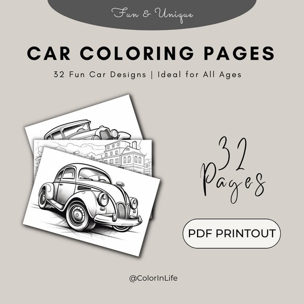 Colorful Car Adventures: 32 High-Definition Car Coloring Pages for Kids and Adults - Digital Download - Self Print