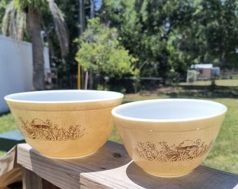 Pyrex Forest Fancies Pattern Mixing Bowls 401 and 402 Mushroom Vintage