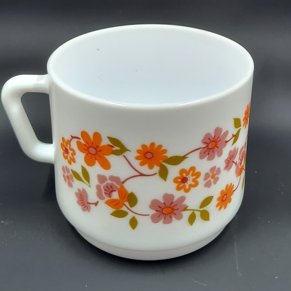 White Milk Glass Arcopal France Orange Floral Vintage Milk Glass Cups Mid Century Modern