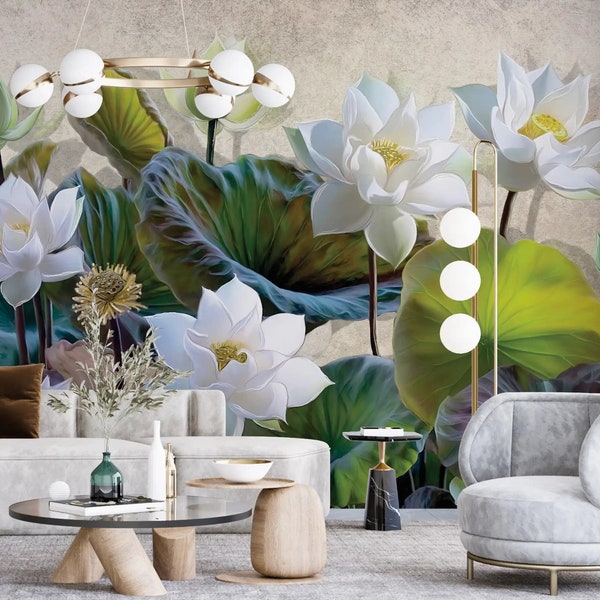 Botanical Wallpaper: Self-Adhesive Lotus Blossom, Modern Room Decor for Easy Peel and Stick Installations / 3019-A