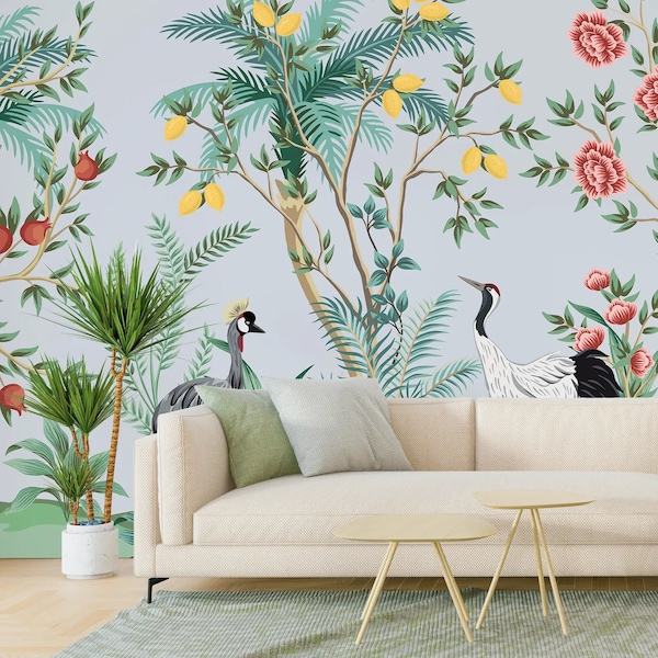 Peelable Asian Wallpaper - Oriental Style with Cranes and Flowers - Easy Install Wall Mural / 3107-A