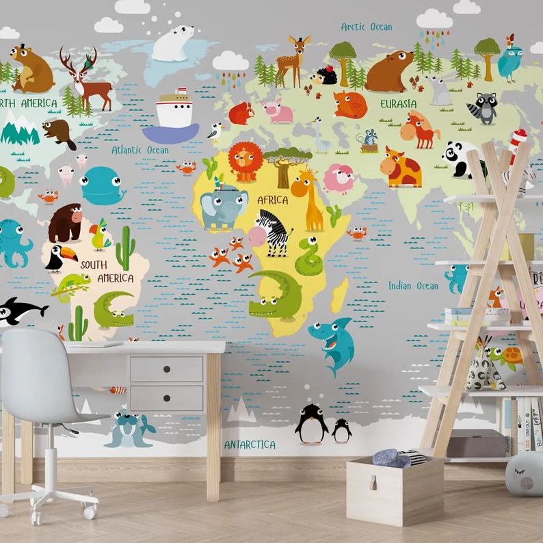 World Map Animal Mural Peel and Stick Wallpaper for Kids Room and Nursery Decor / 6002 Etsy