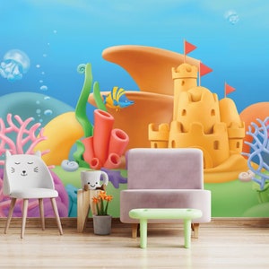 Underwater Castle Peel and Stick Wallpaper: Oceanic Cartoon Scene for Nursery and Kids Room Decor / 6064