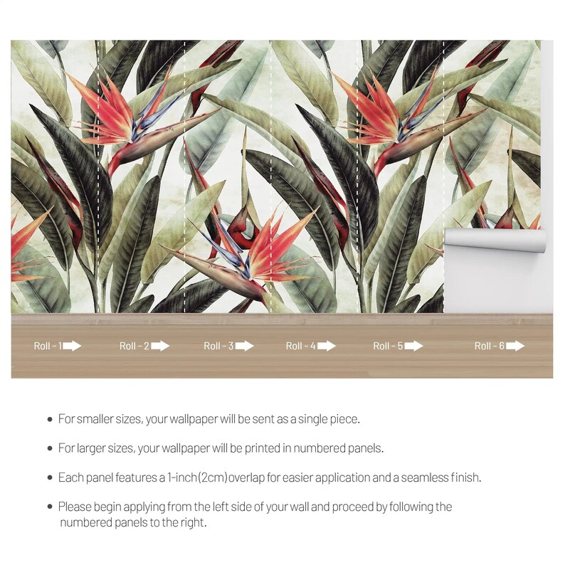 Tropical Bird of Paradise Peel and Stick Wallpaper Vibrant Botanical Design Wall Decor / 3039-A ...