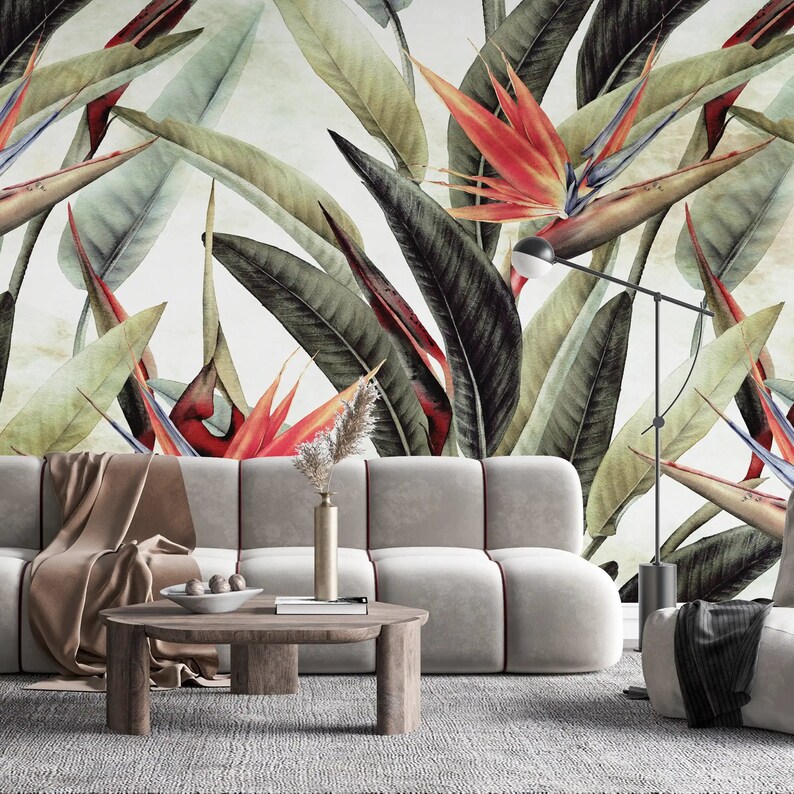 Tropical Bird of Paradise Peel and Stick Wallpaper Vibrant Botanical Design Wall Decor / 3039-A ...