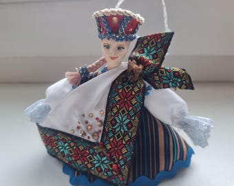 Latvian Folk Costume Doll, Handmade Porcelain Head Ornament