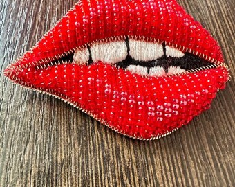 Red Lips Brooch, Playful Handmade Beaded Pin
