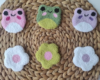 Set Of 2 Punch Needle Frog Car Coaster, Handmade Cute Car Accessories For Car Decor