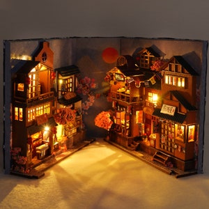Christmas gift, Japan Book Nook,Ancient Town Book Nook, Book Shelff Insert,Bookcase with Light Model Building Kit,All Hallow's Eve