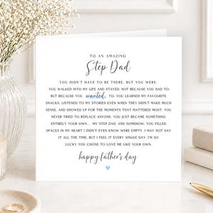 May include: A white Father's Day card with the text "To an Amazing Step Dad" in elegant script. The card includes a heartfelt message and the words "happy father's day" at the bottom, with a small blue heart.