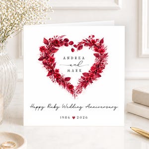 Personalised 40th Ruby Wedding Anniversary Card, Red Floral Heart Wreath Design for Wife, Husband, Parents, Special Couple, 40 Years Wed